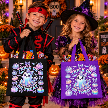 A boy and a girl in Halloween costumes pose in a decorated porch setting, each holding a large printed tote bag that says “Trick or Treat.” The boy bag is black with a ghost and pumpkin design, and the girl bag is purple with a matching design.