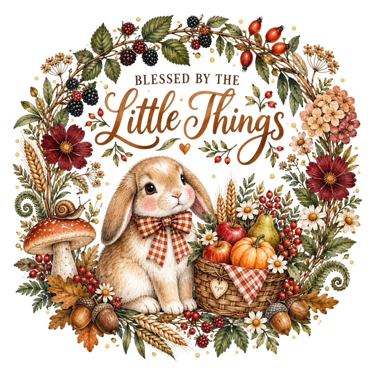 A decorative autumn-themed illustration with a beige rabbit wearing a red gingham bow, seated beside a basket of pumpkins, apples, flowers, berries, acorns, wheat, and a mushroom. The words “BLESSED BY THE Little Things” appear above the rabbit on a white background.
