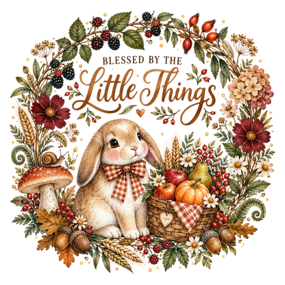 A decorative autumn-themed illustration with a beige rabbit wearing a red gingham bow, seated beside a basket of pumpkins, apples, flowers, berries, acorns, wheat, and a mushroom. The words “BLESSED BY THE Little Things” appear above the rabbit on a white background.