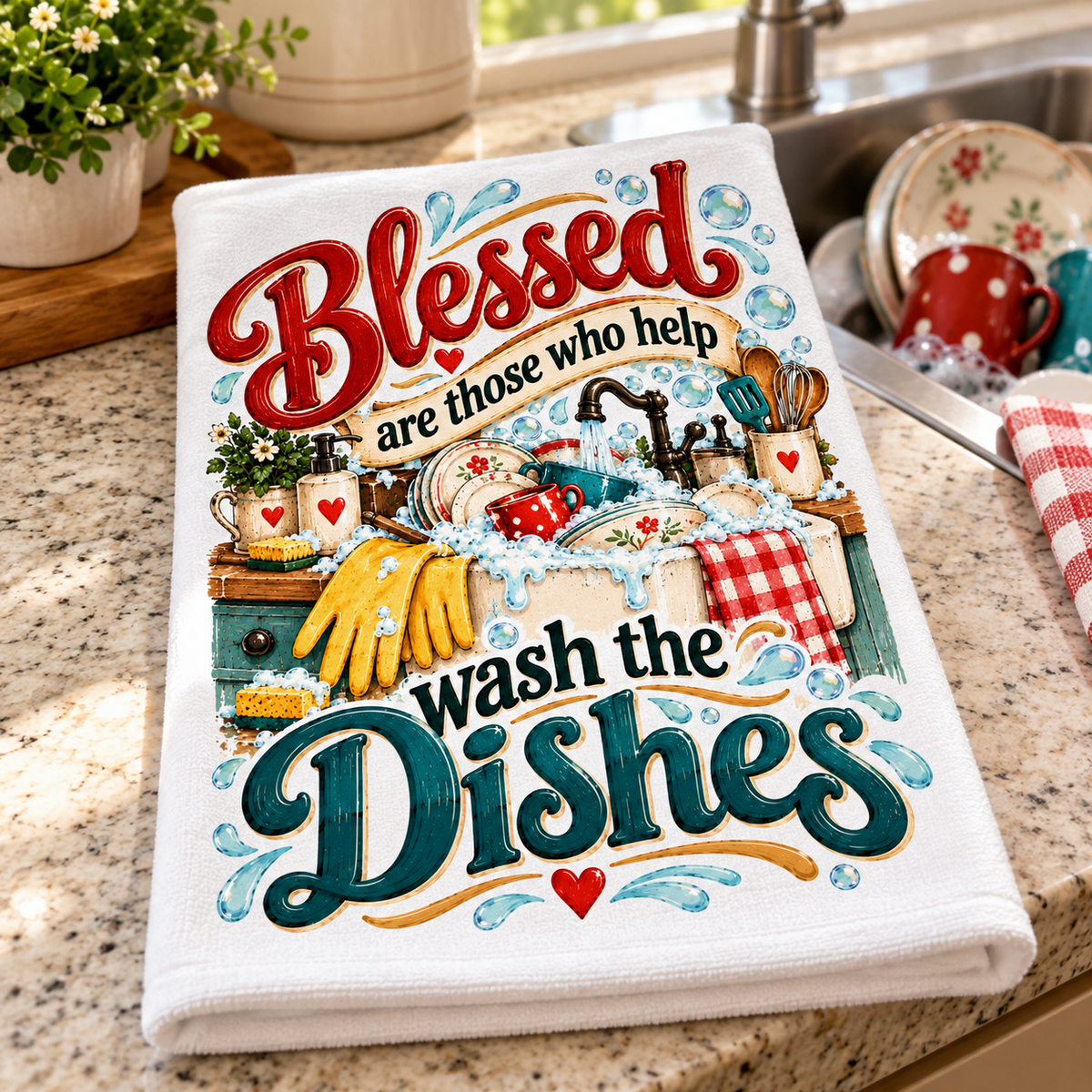 A folded white kitchen towel with a colorful printed design and the words 'Blessed are those who help wash the dishes,' placed on a granite kitchen countertop near a sink.