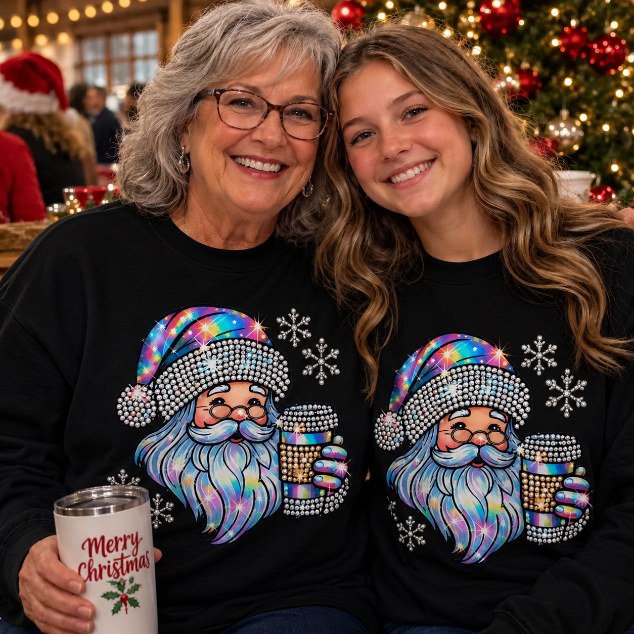 Two women smiling together in a festive holiday setting, wearing matching black crewneck sweaters with a large, colorful, rhinestone-embellished Santa Claus graphic on the front, each holding a matching black tumbler.