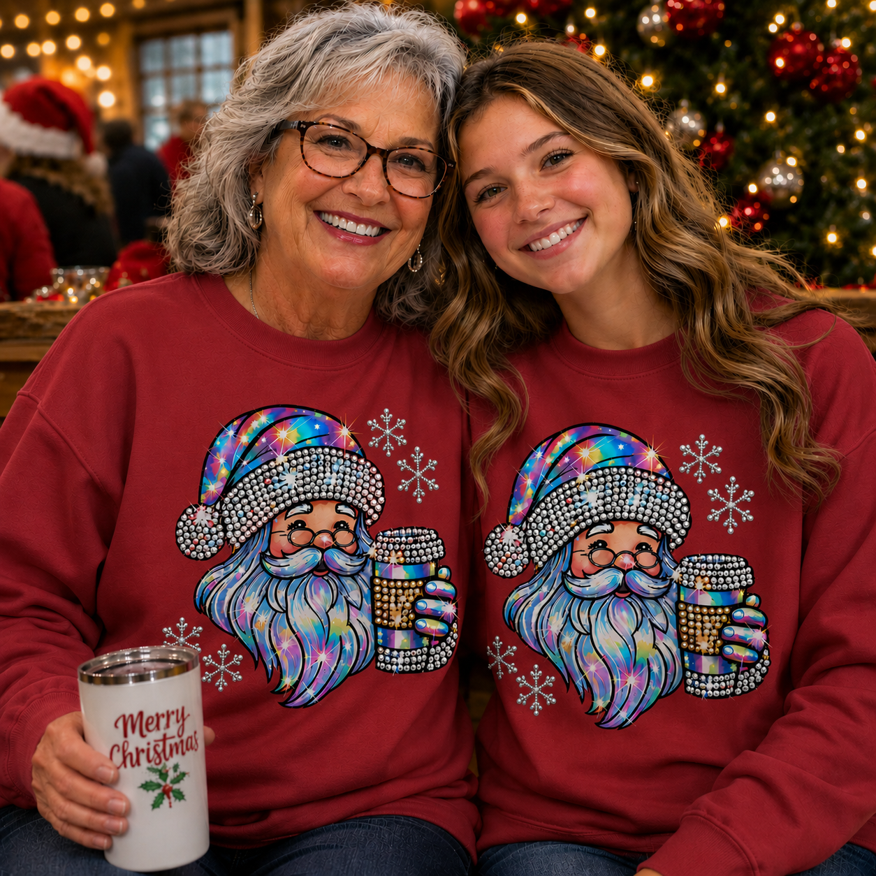 Two women wearing matching red Christmas sweatshirts with a large iridescent Santa graphic and snowflakes, posed together in front of a decorated Christmas tree. One woman holds a white insulated mug that says Merry Christmas.
