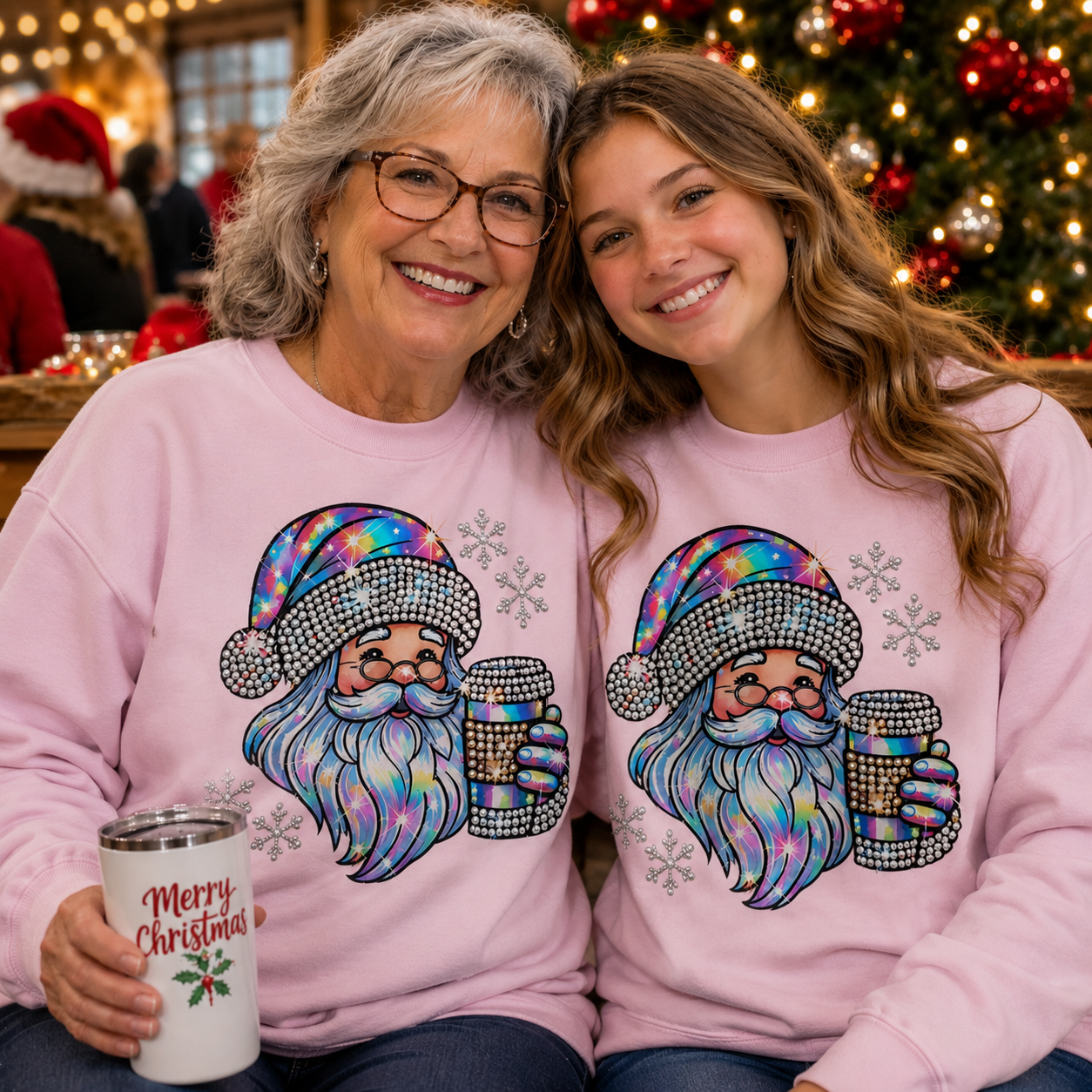 Two women wearing matching light pink Christmas sweaters with a large glittery Santa graphic and snowflakes, posed together in front of a decorated Christmas tree. One woman holds a white mug that says Merry Christmas.