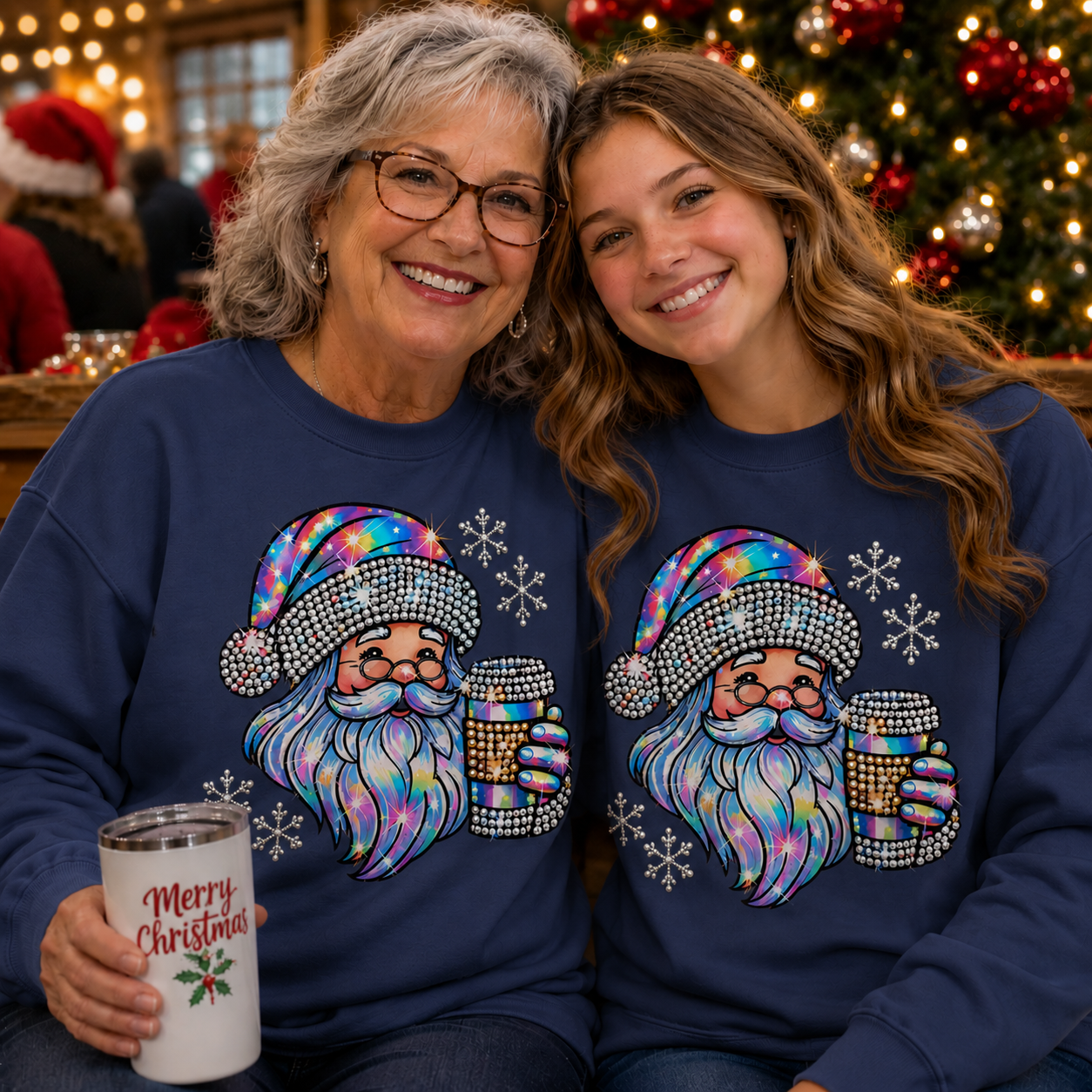 Two women wearing matching purple Christmas sweaters with a large rainbow Santa graphic and snowflake details, posed in front of a decorated Christmas tree. One woman holds a white tumbler that says Merry Christmas.