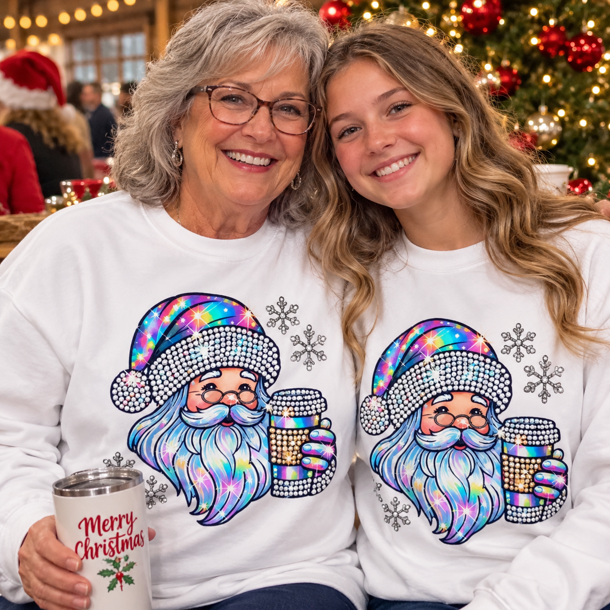 Two women wearing matching white Christmas sweatshirts with a large holographic Santa graphic and snowflakes, posed together in a festive holiday setting with a decorated tree in the background.