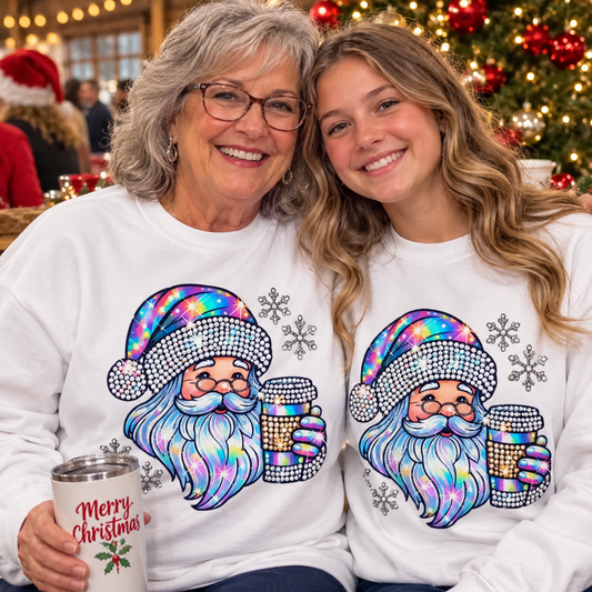 Two women wearing matching white Christmas sweatshirts with a large holographic Santa graphic and snowflakes, posed together in a festive holiday setting with a decorated tree in the background.