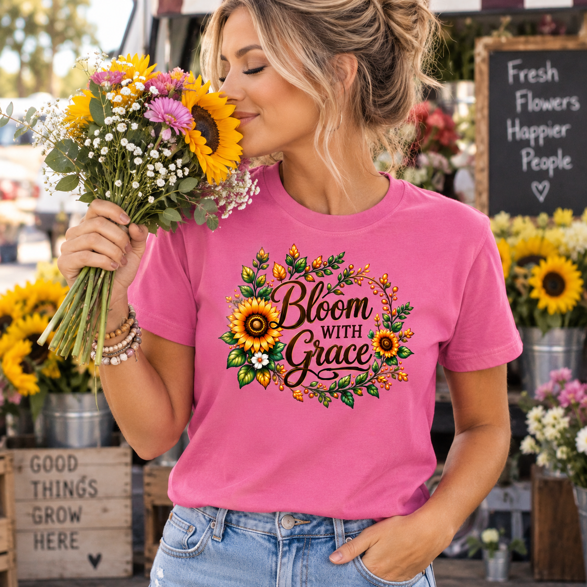 A woman wearing a bright pink graphic t-shirt with a 'Bloom With Grace' sunflower design, holding a bouquet of flowers in a flower shop setting.