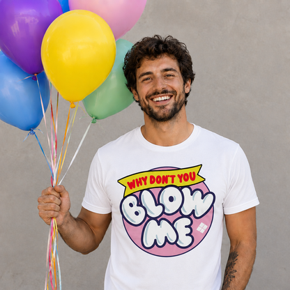 Man holding colorful balloons wearing a white t-shirt with a humorous graphic design.