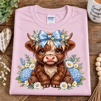 A folded light pink Gildan Softstyle t-shirt with a detailed graphic of a cute brown Scottish highland cow wearing a blue bow and floral crown, displayed on a rustic wooden background with decorative props.