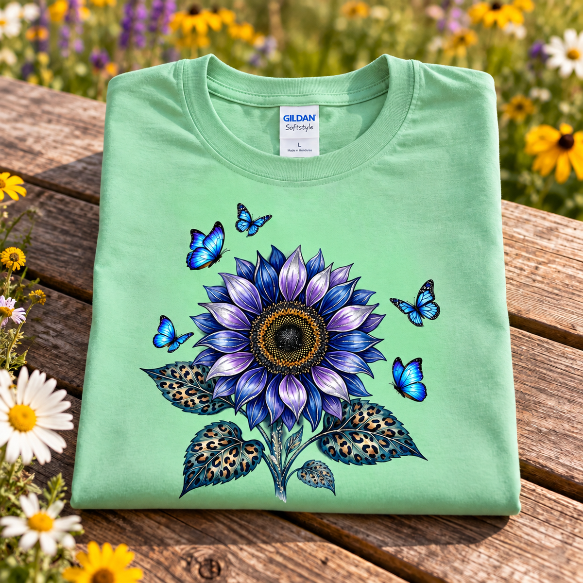 A folded mint green Gildan Comfort T-shirt with a large blue and purple sunflower and butterfly graphic, displayed on a wooden bench with a blurred outdoor flower garden background.
