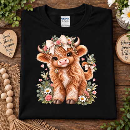 A folded black Gildan Softstyle t-shirt with a detailed graphic of a fluffy brown highland cow surrounded by a floral crown and flowers, displayed on a rustic wooden background with decorative props.