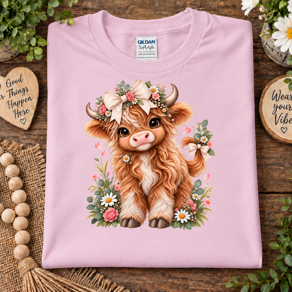 A folded light pink Gildan Softstyle t-shirt is displayed on a rustic wooden surface. The shirt features a detailed graphic of a fluffy brown highland cow decorated with a floral crown and surrounded by pink and white flowers.