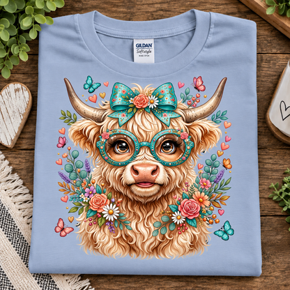 A folded light blue Gildan Softstyle T-shirt is displayed on a rustic wooden surface. The shirt features a large, colorful graphic print of a fluffy Highland cow wearing round glasses and a teal bow, surrounded by flowers, butterflies, and hearts.