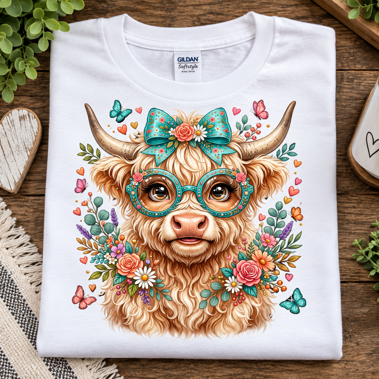 A folded white Gildan Softstyle T-shirt laid flat on a rustic wooden surface, featuring a colorful graphic of a fluffy tan animal face with large glasses, a teal bow, flowers, butterflies, and hearts.