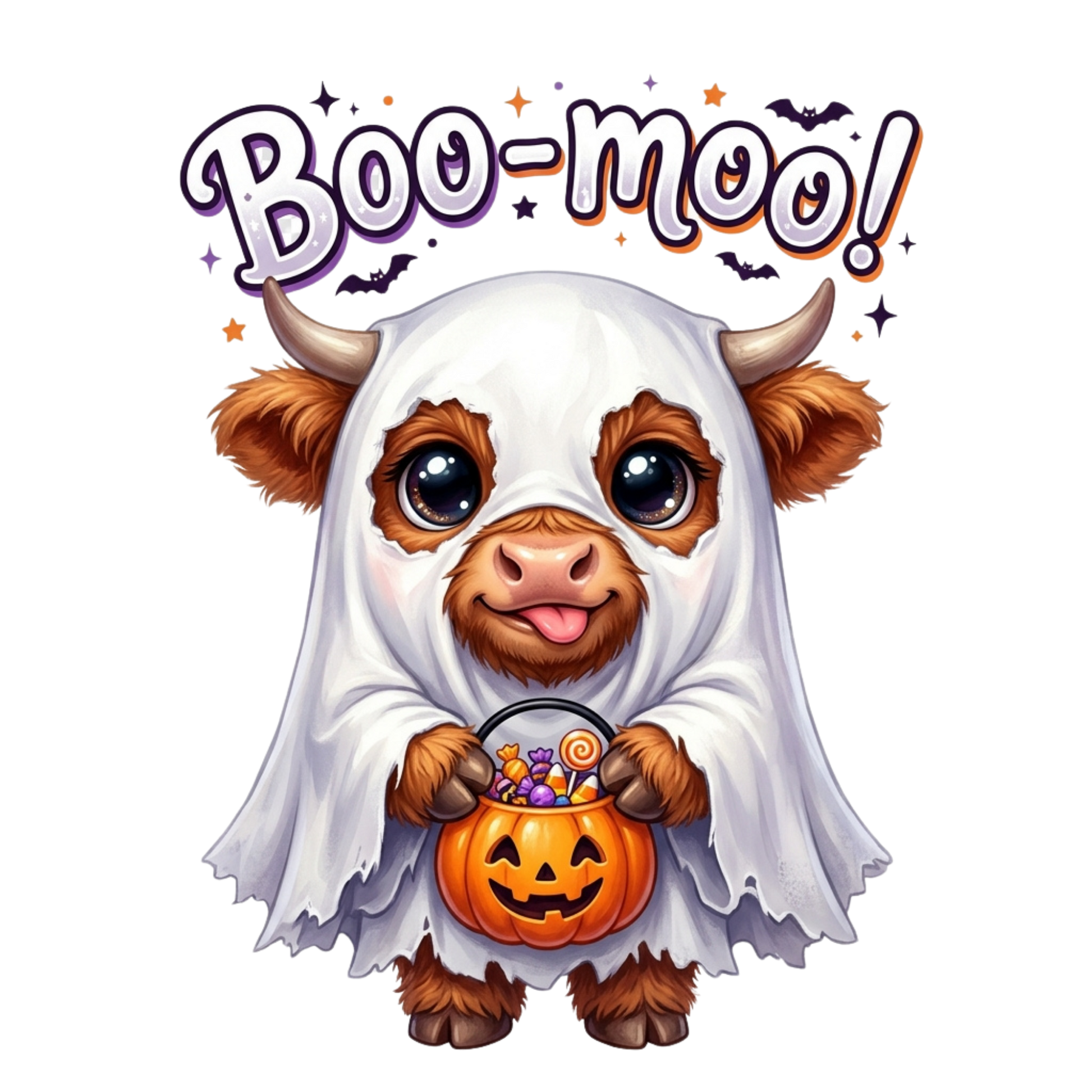 A cute cartoon baby goat dressed in a white ghost costume holding a jack-o'-lantern candy bucket, with the text 'Boo-moo!' above on a black background.