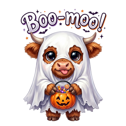 A cute cartoon baby goat dressed in a white ghost costume holding a jack-o'-lantern candy bucket, with the text 'Boo-moo!' above on a black background.