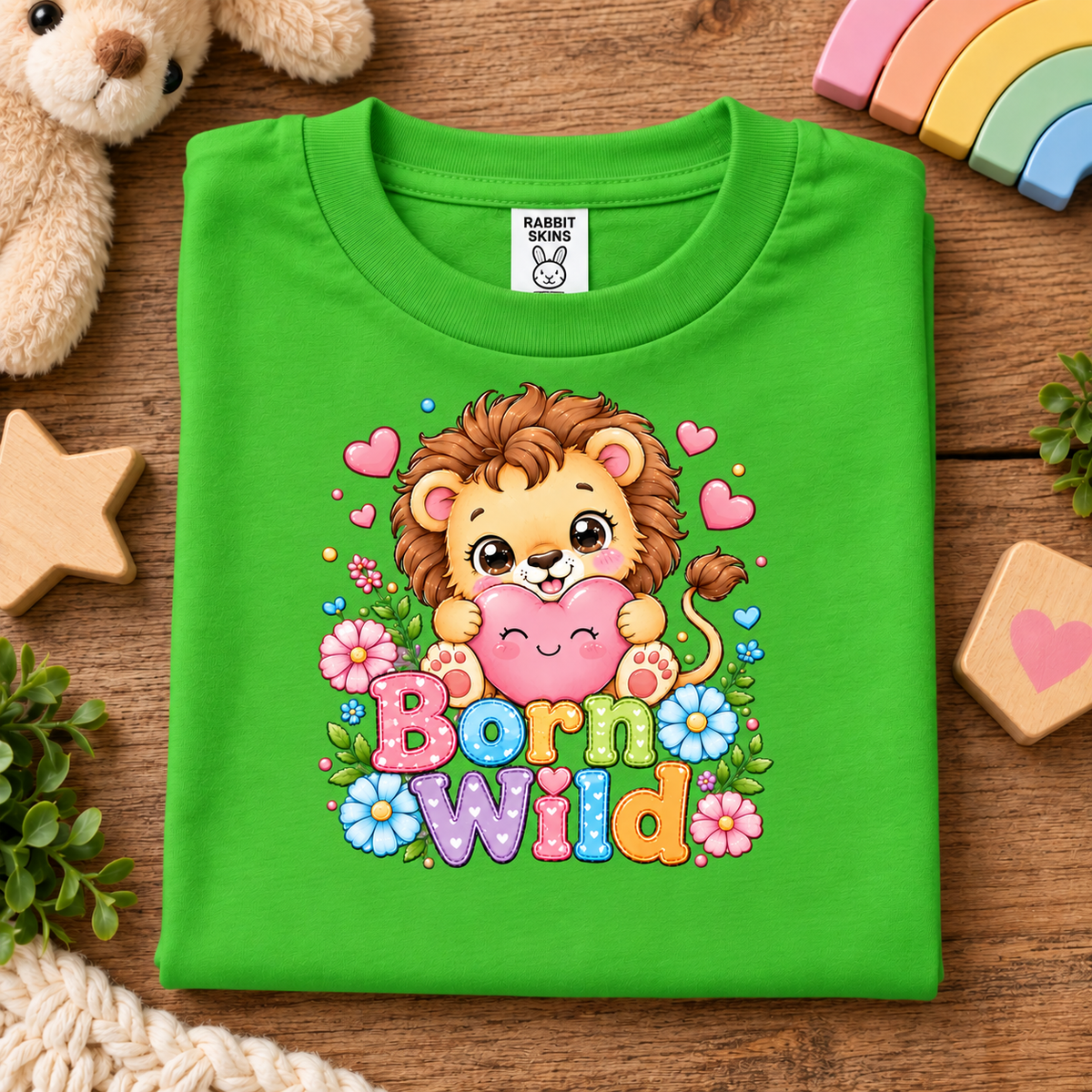 A apple green children's T-shirt is neatly folded on a wooden surface with playful props including a plush bear, star and heart-shaped blocks, and a rainbow. The shirt features a colorful cartoon lion graphic holding a pink heart, surrounded by flowers and hearts, with the words 'Born Wild' in pastel letters.