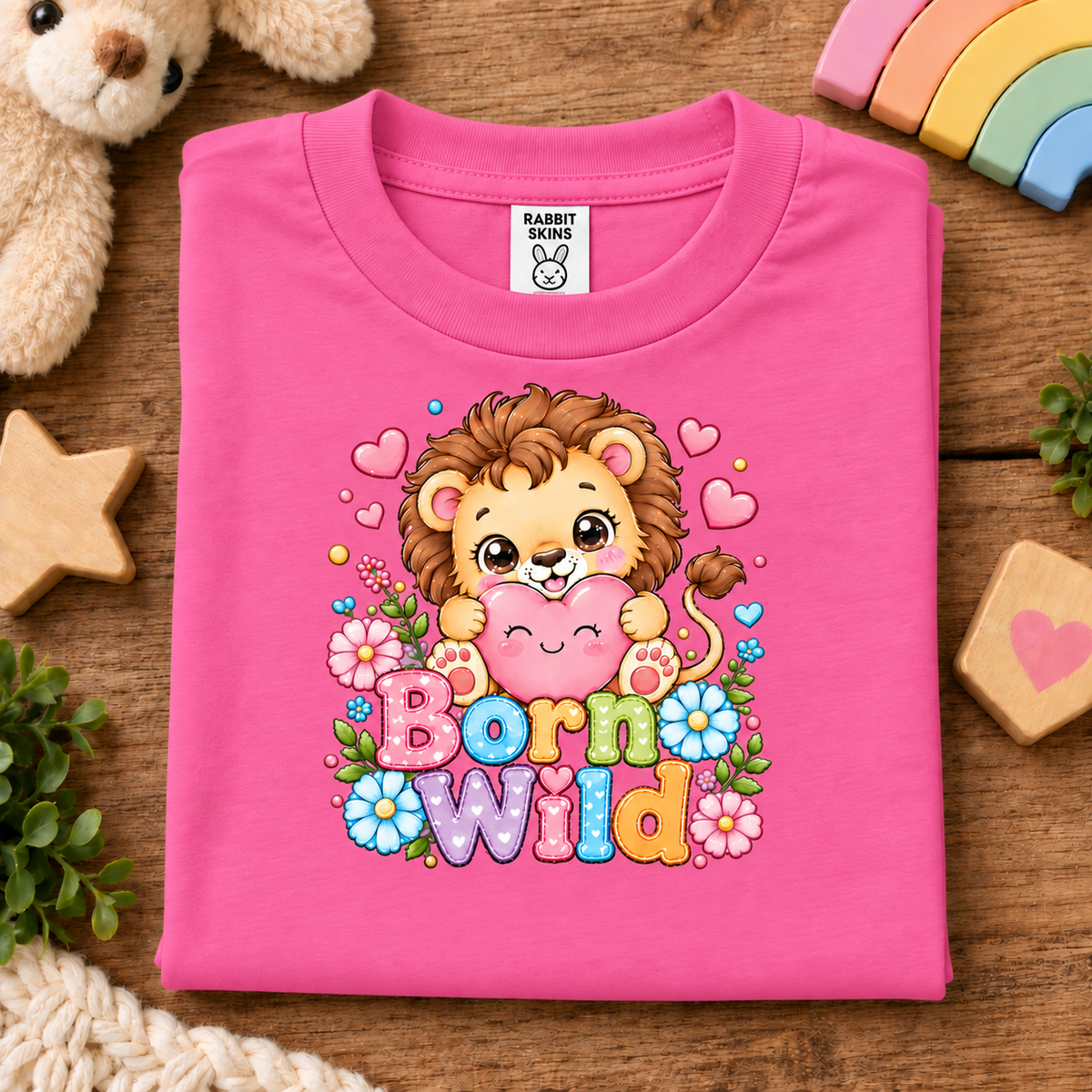 A folded raspberry colored t-shirt with a colorful cartoon lion graphic and the text 'Born Wild' on a wooden surface, surrounded by styled props including a teddy bear, wooden stars, a rainbow, and small plants.