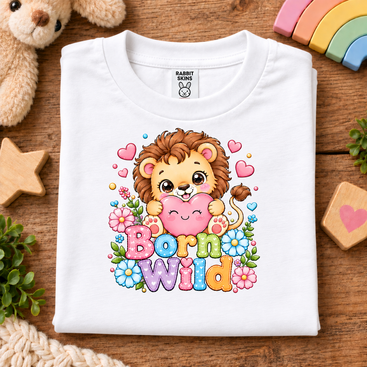 A folded white children's T-shirt with a colorful cartoon lion graphic and the words 'Born Wild!' on a wooden surface, surrounded by styled props including a teddy bear, flowers, a rainbow, and wooden decor.
