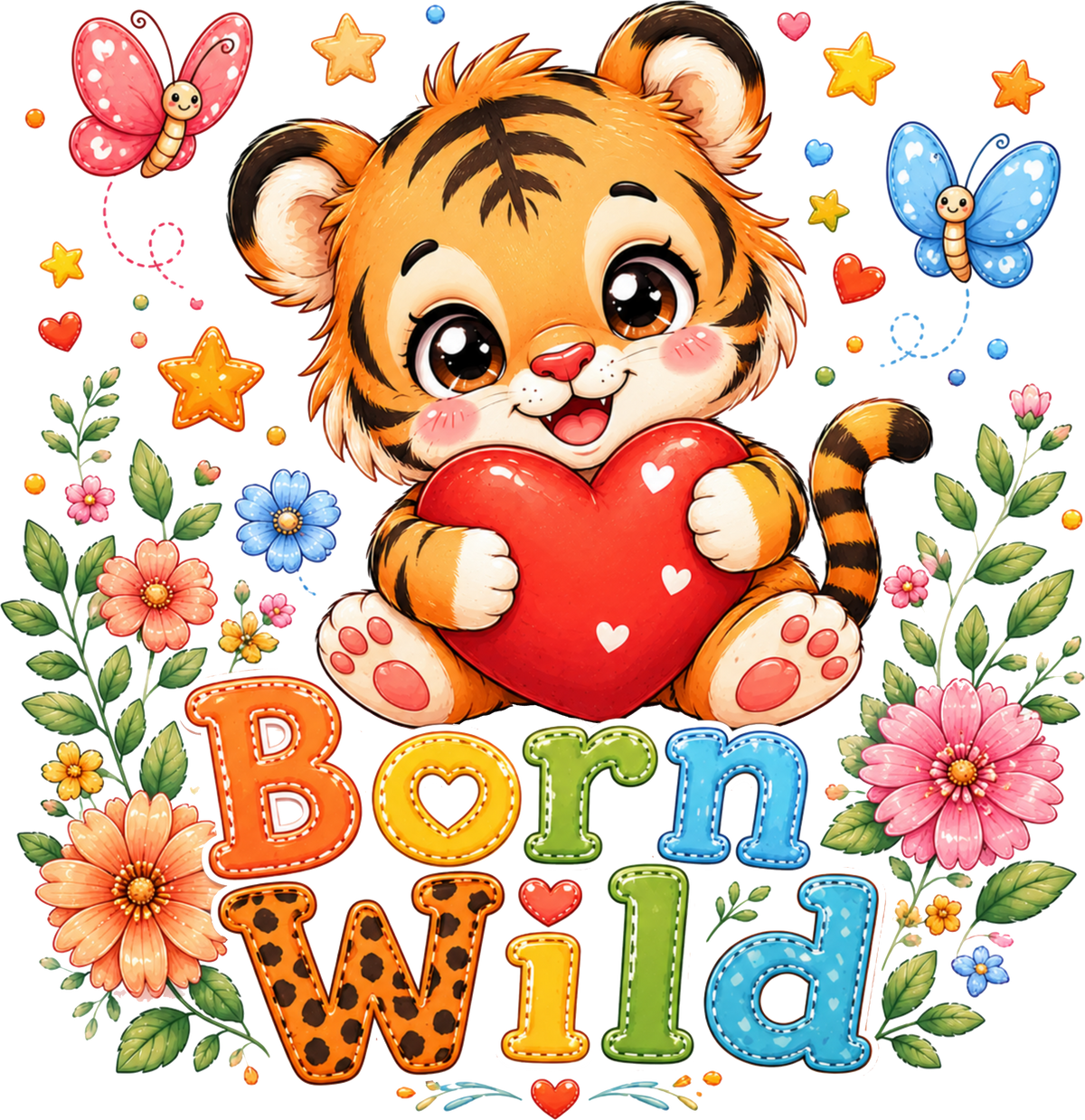 A colorful cartoon graphic of a cute orange tiger cub holding a red heart, surrounded by flowers, butterflies, stars, and the text 'Born Wild' in playful multicolor lettering on a white background.