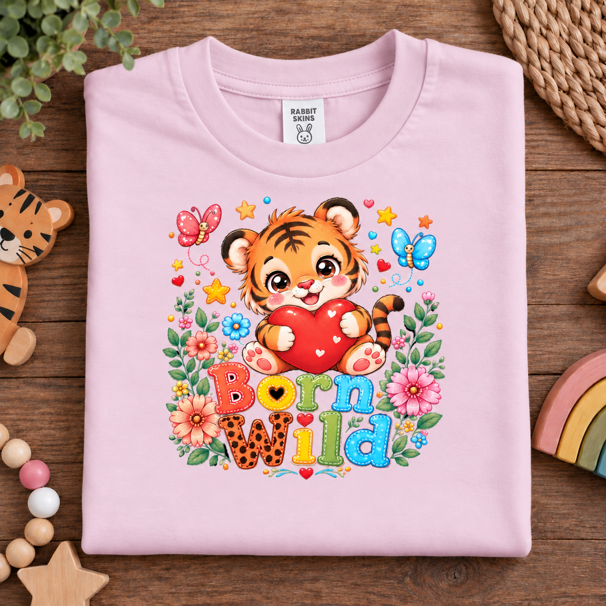 A folded ballerina pink t-shirt with a colorful cartoon tiger graphic holding a red heart, surrounded by flowers, butterflies, and the text 'Born Wild'. The shirt is displayed on a wooden surface with cute animal-themed toys.
