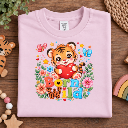 A folded ballerina pink t-shirt with a colorful cartoon tiger graphic holding a red heart, surrounded by flowers, butterflies, and the text 'Born Wild'. The shirt is displayed on a wooden surface with cute animal-themed toys.