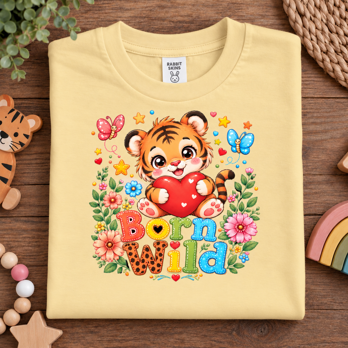 A folded butter yellow t-shirt with a colorful cartoon tiger graphic holding a red heart, surrounded by flowers, butterflies, stars, and the words 'Born Wild' on a wooden surface with playful props.