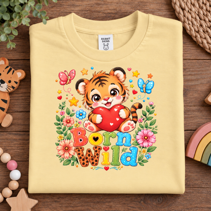 A folded butter yellow t-shirt with a colorful cartoon tiger graphic holding a red heart, surrounded by flowers, butterflies, stars, and the words 'Born Wild' on a wooden surface with playful props.