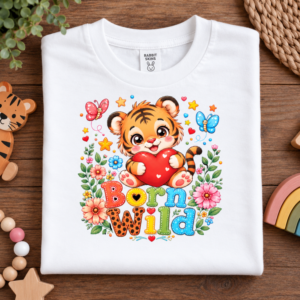 A white short-sleeve t-shirt with a colorful cartoon tiger graphic holding a red heart, surrounded by flowers, butterflies, stars, and the text 'Born Wild'. The shirt is displayed in a flat-lay arrangement on a wooden surface with children's toys.