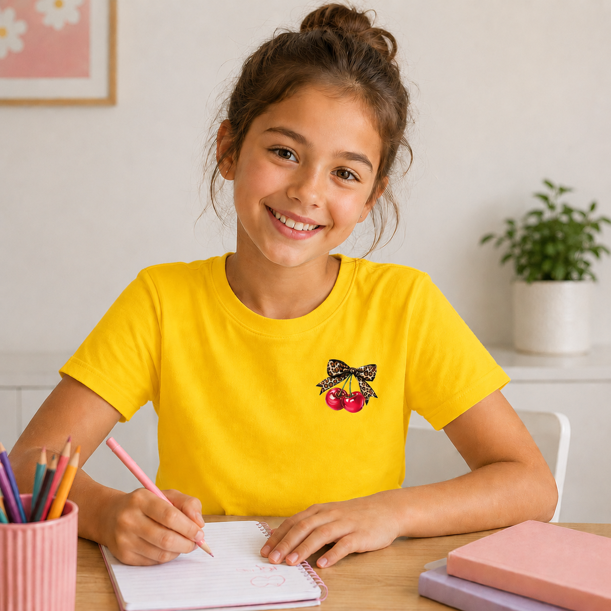 Girl in yellow shirt with cherry design sitting at a table, smiling.