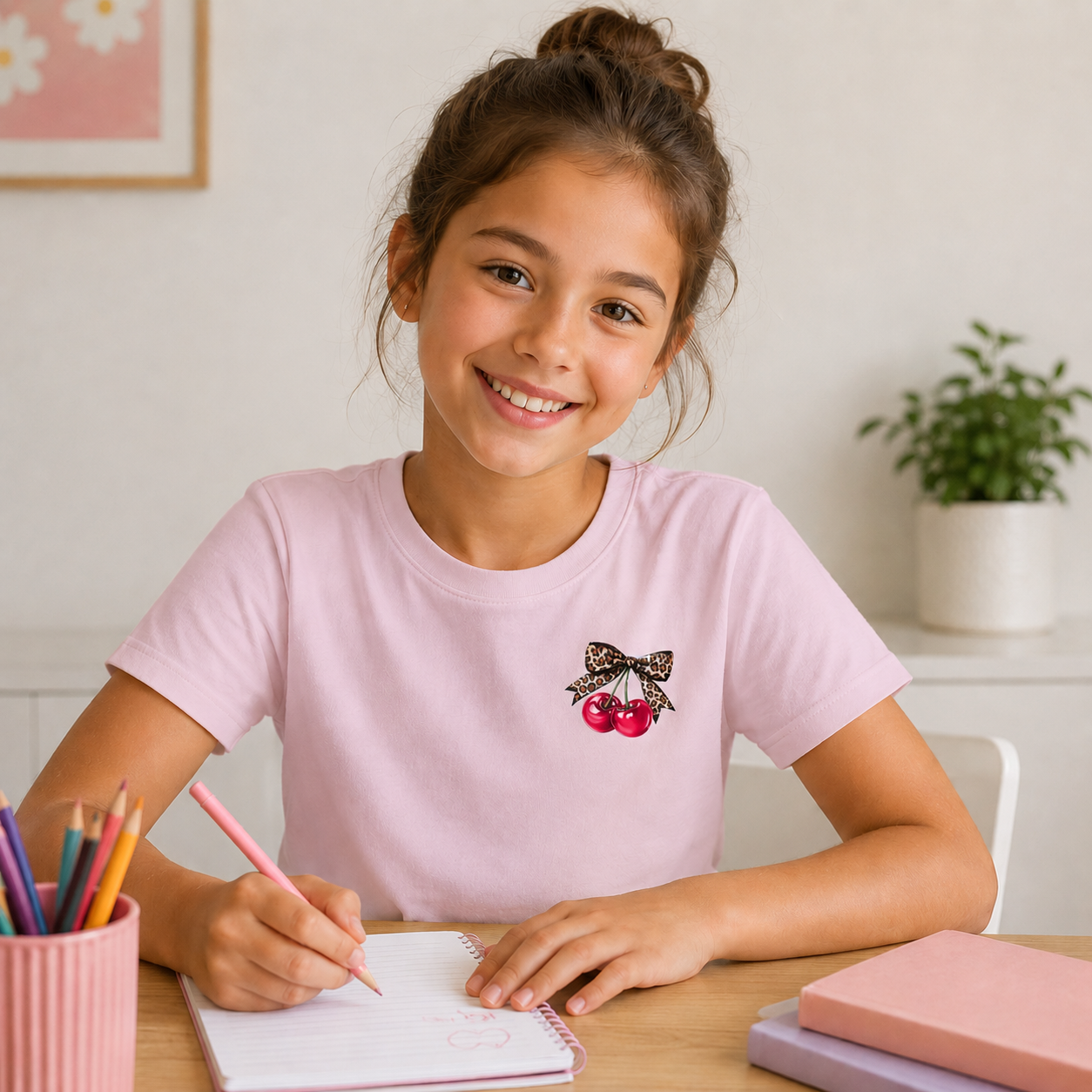 Young girl in a pink shirt with a cherry design, sitting at a table with writing materials.