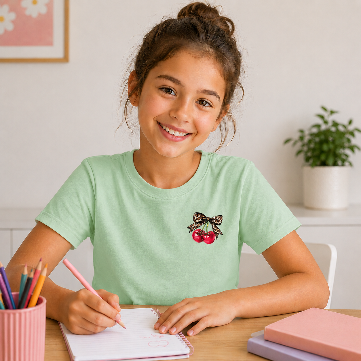 Young girl in a light green shirt with a cherry design, sitting at a table with stationery.
