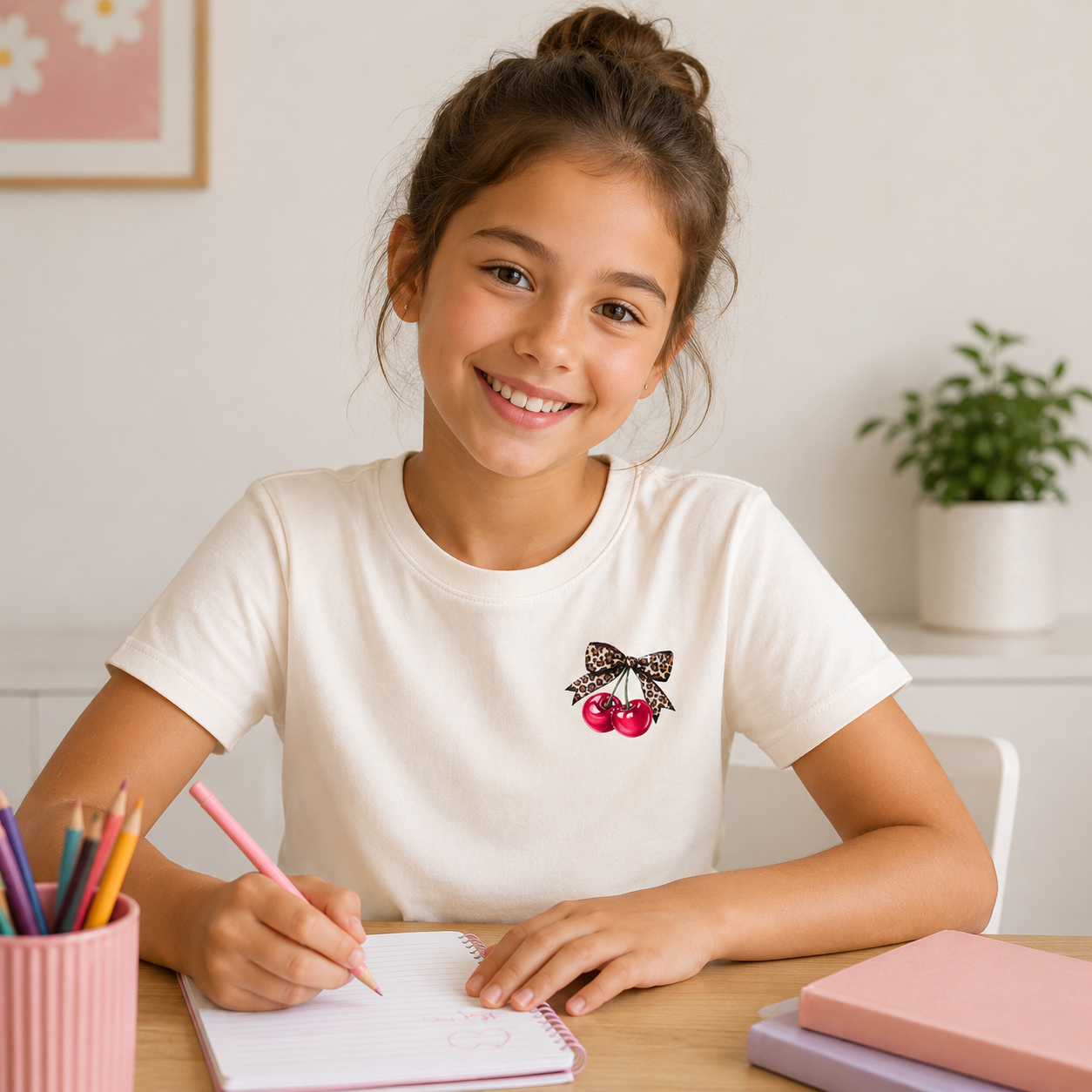 Young girl sitting at a table with a notebook and colorful pencils, wearing a white t-shirt with a cherry design.