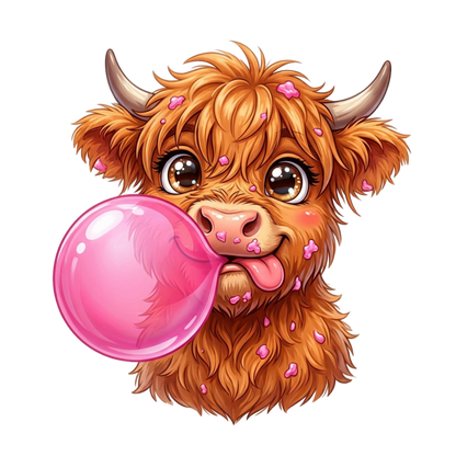 A cute fluffy orange-brown highland cow with pink flower petals on its fur, blowing a large pink bubblegum bubble, set against a solid white background.