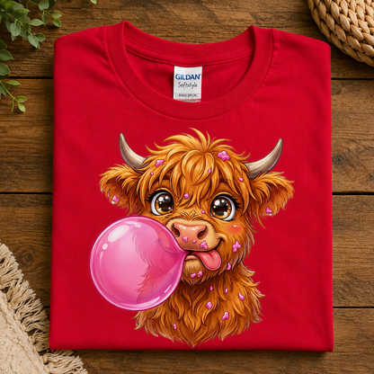 A folded red Gildan SofteeTee T-shirt is displayed on a rustic wooden surface. The shirt features a colorful graphic of a fluffy orange Highland cow blowing a large pink bubblegum bubble.