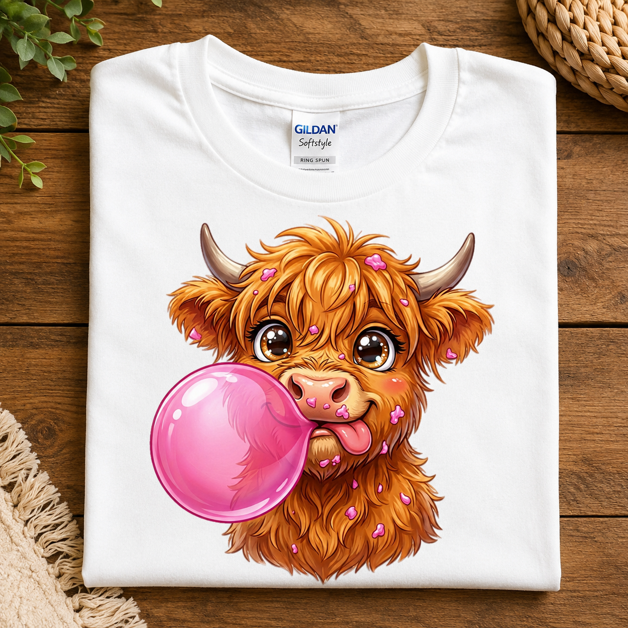 A folded white Gildan Softee T-shirt with a colorful cartoon graphic of a fluffy orange-brown highland cow blowing a large pink bubblegum bubble, displayed on a wooden surface with decorative plants and a woven basket edge.
