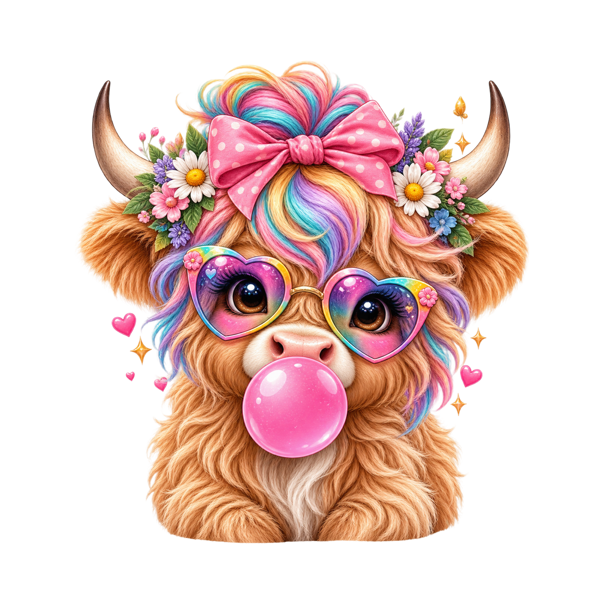 A stylized cartoon highland cow with fluffy tan fur, large horns, a pink polka-dot bow, colorful rainbow hair, heart-shaped sunglasses, and a pink bubblegum bubble on a plain white background.