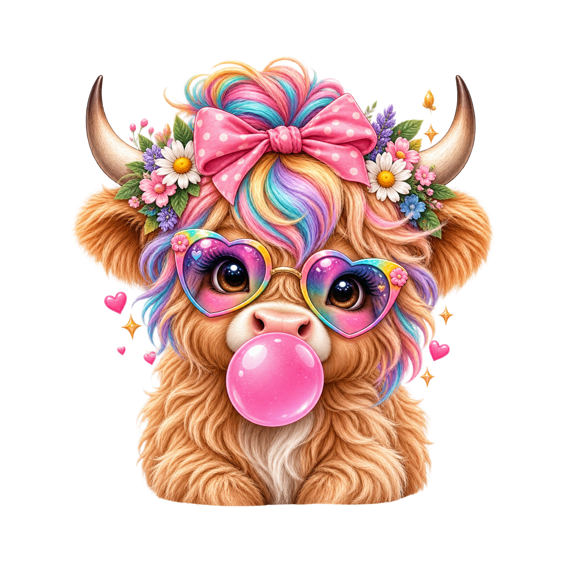 A stylized cartoon highland cow with fluffy tan fur, large horns, a pink polka-dot bow, colorful rainbow hair, heart-shaped sunglasses, and a pink bubblegum bubble on a plain white background.
