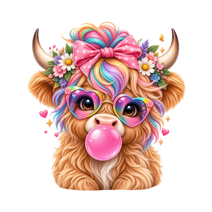 A stylized cartoon highland cow with fluffy tan fur, large horns, a pink polka-dot bow, colorful rainbow hair, heart-shaped sunglasses, and a pink bubblegum bubble on a plain white background.