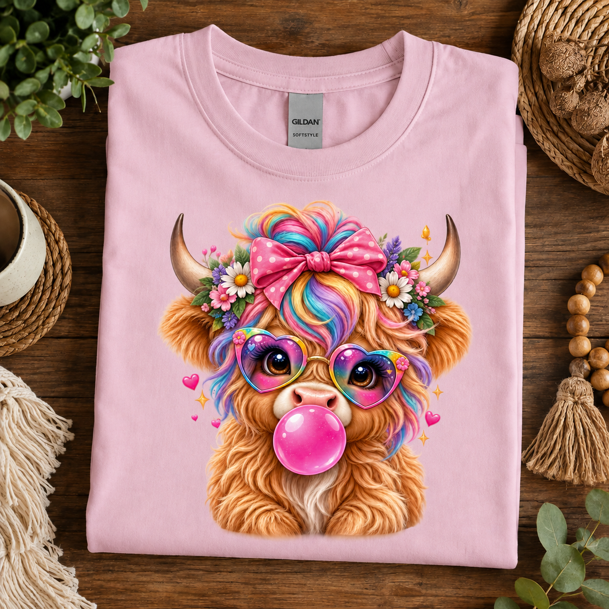 A folded light pink Gildan Softstyle T-shirt is displayed on a dark wooden surface, decorated with lifestyle props like a woven basket, a cup, and a macrame lamp. The shirt features a colorful graphic of a fluffy Highland cow with rainbow hair, a pink bow, heart-shaped sunglasses, and a bubblegum bubble.