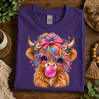 A folded purple Gildan t-shirt with a colorful graphic of a fluffy highland cow wearing rainbow hair, a pink bow, heart-shaped sunglasses, and a pink bubblegum bubble, displayed on a rustic wooden table with decorative props.
