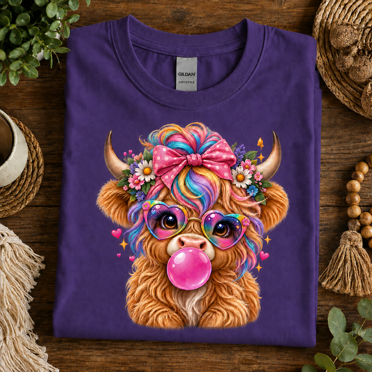 A folded purple Gildan t-shirt with a colorful graphic of a fluffy highland cow wearing rainbow hair, a pink bow, heart-shaped sunglasses, and a pink bubblegum bubble, displayed on a rustic wooden table with decorative props.