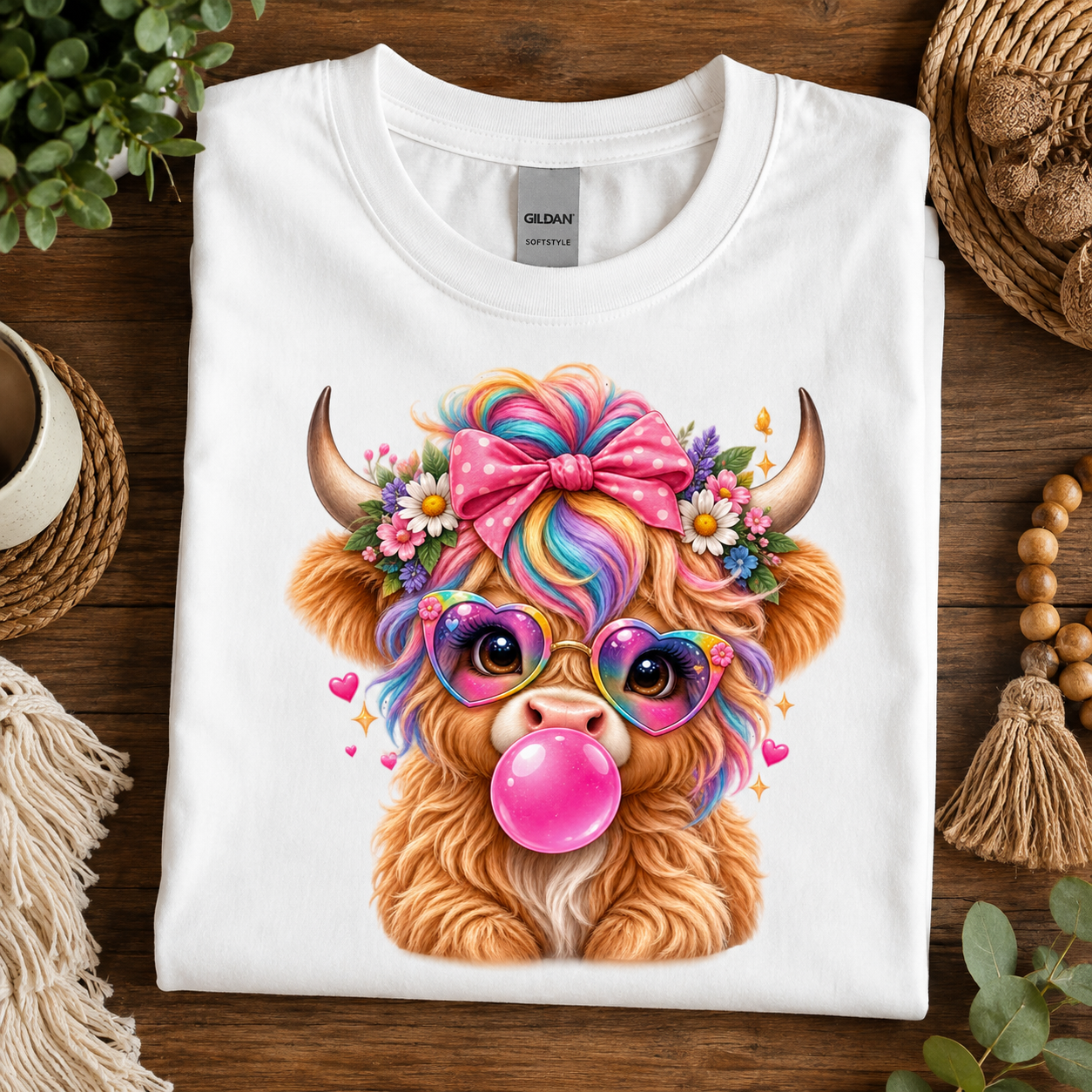 A folded white Gildan t-shirt displayed on a dark wooden table, featuring a colorful graphic of a fluffy brown Highland cow with rainbow hair, a pink bow, heart-shaped sunglasses, and a pink bubblegum bubble.