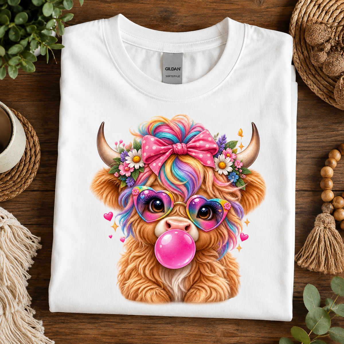 A folded white Gildan t-shirt displayed on a dark wooden table, featuring a colorful graphic of a fluffy brown Highland cow with rainbow hair, a pink bow, heart-shaped sunglasses, and a pink bubblegum bubble.