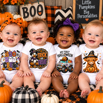 Four smiling babies wearing white Halloween-themed bodysuits with colorful printed graphics, seated among pumpkins and fall decorations in a styled studio setup.
