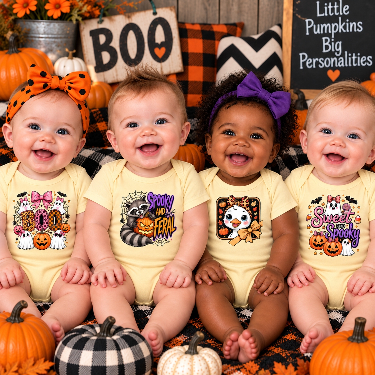 Four smiling babies seated together in a Halloween-themed setting, wearing pale yellow bodysuits with different fall graphics. The scene includes pumpkins, a black-and-orange plaid pillow, a wooden sign reading BOO, and a chalkboard that says 'Little Pumpkins Big Personalities.