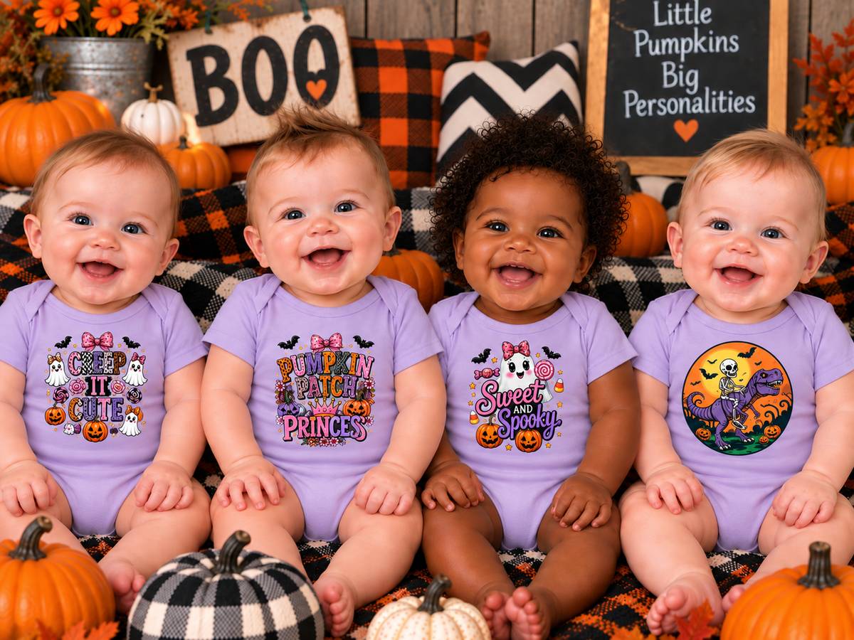 Four smiling babies wearing matching light purple Halloween bodysuits with different printed designs, posed with pumpkins and fall decorations in a styled studio setting.