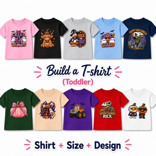 A promotional collage showing multiple toddler Halloween-themed T-shirts in different colors, with text reading 'Build a T-shirt (Toddler)' and 'Shirt + Size + Design.' The shirts include pink, black, gray, light blue, navy, green, beige, purple, red, and white, each with a different spooky graphic such as ghosts, pumpkins, a witch, a monster, and a cartoon character.