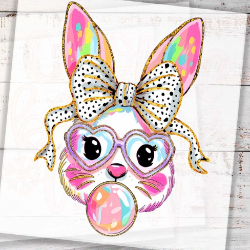 Close up of the Bunny with a bow blowing bubble graphic tshirt