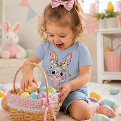 Child with Easter-themed  bunny and bows graphic on a light blue t-shirt 